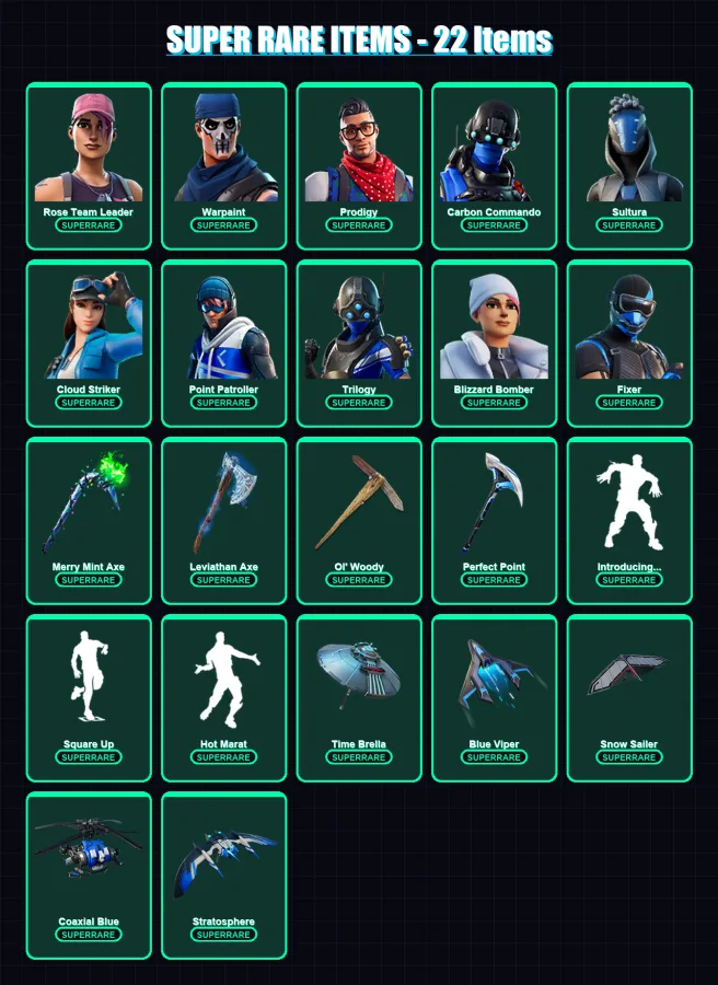 [PS4/PS5/XBOX/PC] | Rose Team Leader | Warpaint | Prodigy | Carbon Commando | Sultura | 157 skin | 206 pickaxe | 152 emote | 163 glider | Lv2303