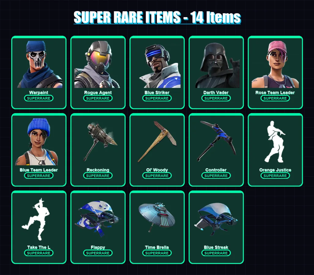 [PC/XBOX] | Warpaint | Rogue Agent | Blue Striker | Darth Vader | Rose Team Leader | 221 skin | 200 pickaxe | 158 emote | 127 glider | Lv1529 — Fortnite account