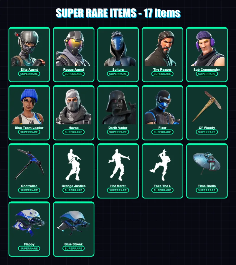 [PS4/PS5/XBOX/PC] | Elite Agent | Rogue Agent | Sultura | The Reaper | Sub Commander | 117 skin | 144 pickaxe | 111 emote | 123 glider | Lv1660