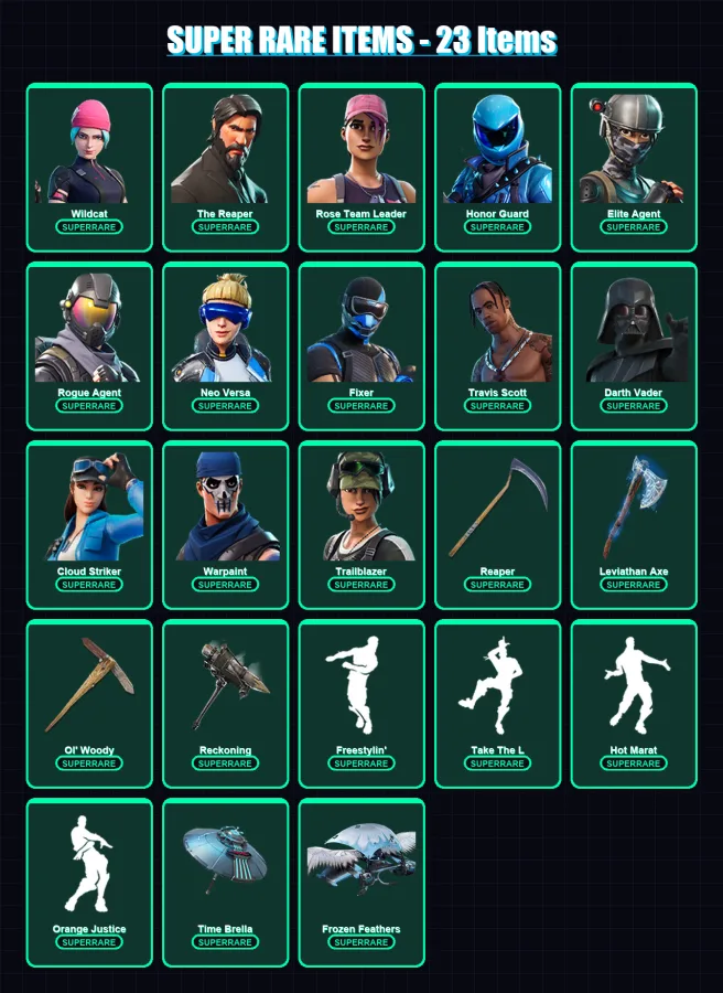 [PC/XBOX/PSN] | Wildcat | The Reaper | Rose Team Leader | Honor Guard | Elite Agent | 576 skin | 450 pickaxe | 339 emote | 299 glider | Lv6951