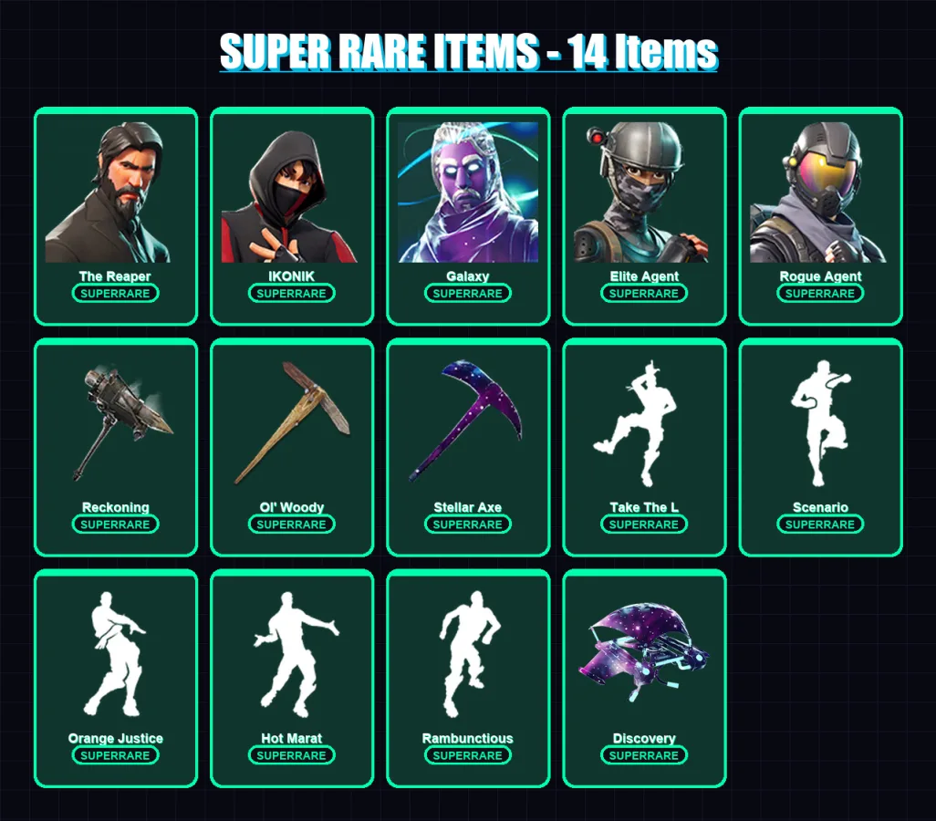 [PC] | The Reaper | IKONIK | Galaxy | Elite Agent | Rogue Agent | 82 skin | 66 pickaxe | 91 emote | 61 glider | Lv1053