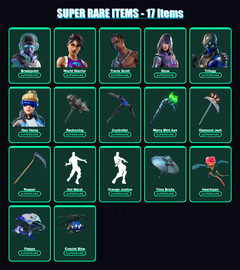 [PC/XBOX] | Breakpoint | World Warrior | Travis Scott | Glow | Trilogy | 166 skin | 206 pickaxe | 141 emote | 164 glider | Lv2600