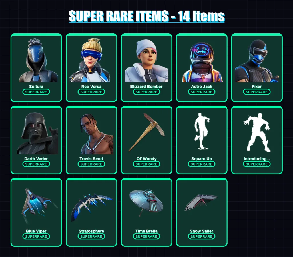 [PC] | Sultura | Neo Versa | Blizzard Bomber | Astro Jack | Fixer | 171 skin | 167 pickaxe | 140 emote | 99 glider | Lv1137