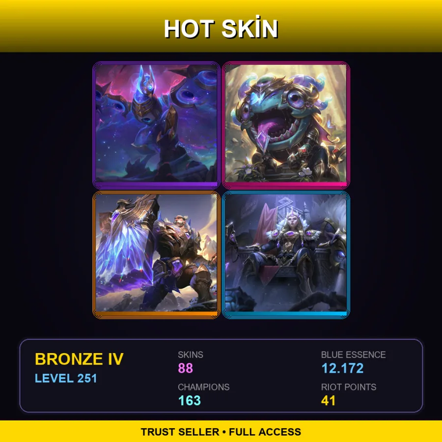 EUW | Lv251 | Bronze IV | 88 Skin | 163 Champ — LoL account