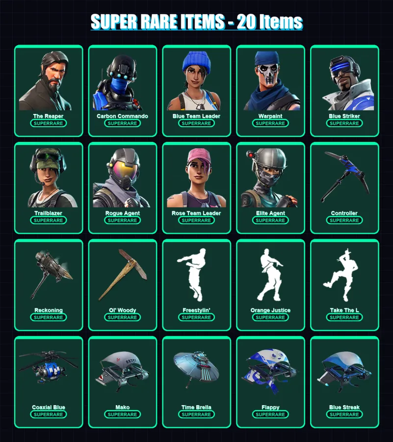 [PS4/PS5/XBOX/PC] | The Reaper | Carbon Commando | Blue Team Leader | Warpaint | Blue Striker | 54 skin | 35 pickaxe | 46 emote | 49 glider | Lv618