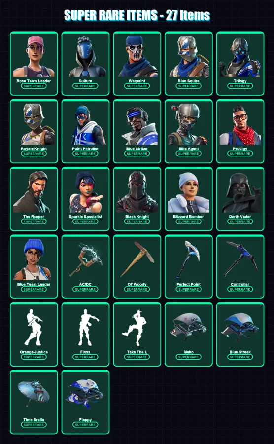 [PS4/PS5/XBOX/PC] | Rose Team Leader | Sultura | Warpaint | Blue Squire | Trilogy | 71 skin | 104 pickaxe | 84 emote | 102 glider | Lv1617