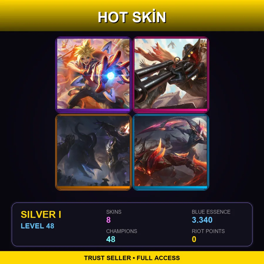 LAN | Battle Academia Ezreal | High Noon Jhin | Mecha Kingdoms Draven | Dragonslayer Diana | 8 Skin | 48 Champ | Silver I | Lv48