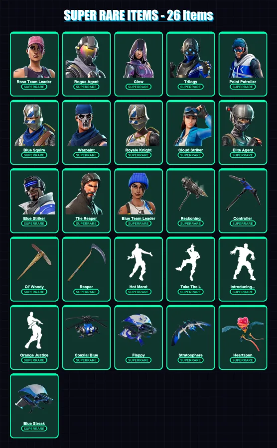 [PC/XBOX] | Rose Team Leader | Rogue Agent | Glow | Trilogy | Point Patroller | 194 skin | 197 pickaxe | 183 emote | 161 glider | Lv2040