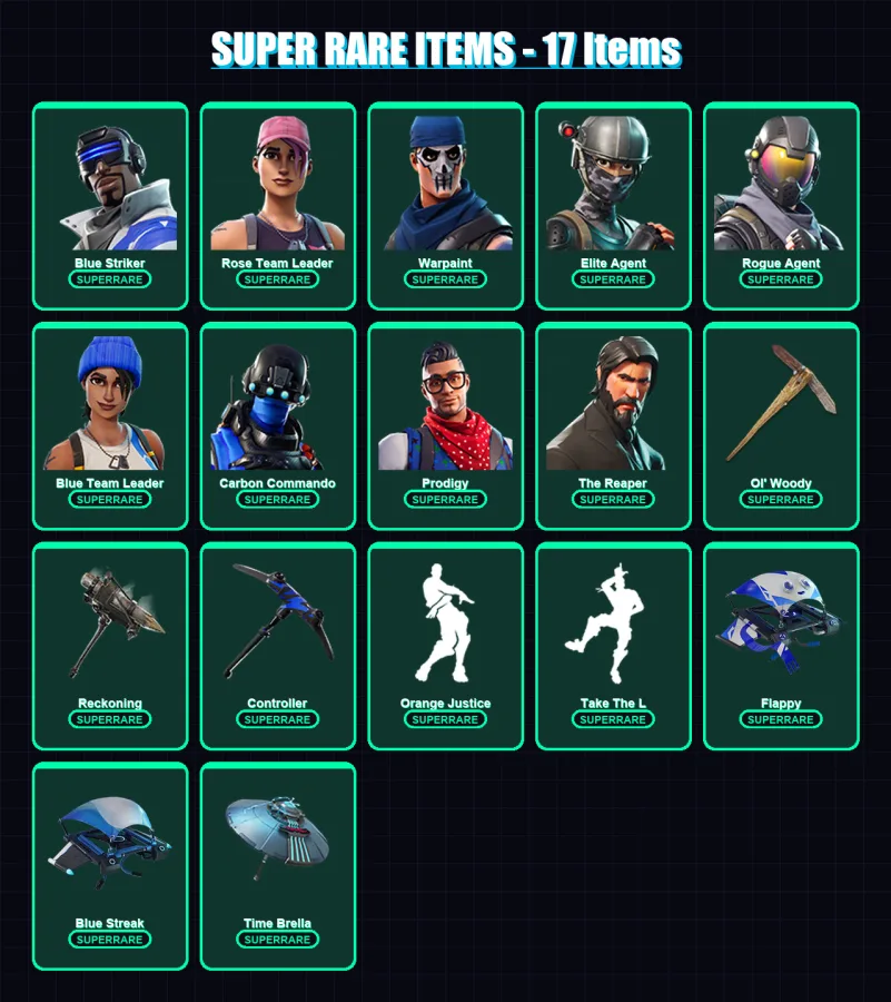 [PC/XBOX] | Blue Striker | Rose Team Leader | Warpaint | Elite Agent | Rogue Agent | 110 skin | 84 pickaxe | 88 emote | 89 glider | Lv1096 — Fortnite account