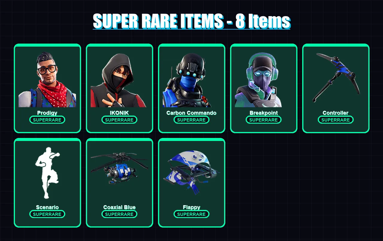 [PC/XBOX/PSN] | Prodigy | IKONIK | Carbon Commando | Breakpoint | Hybrid | 17 skin | 13 pickaxe | 21 emote | 15 glider | Lv150