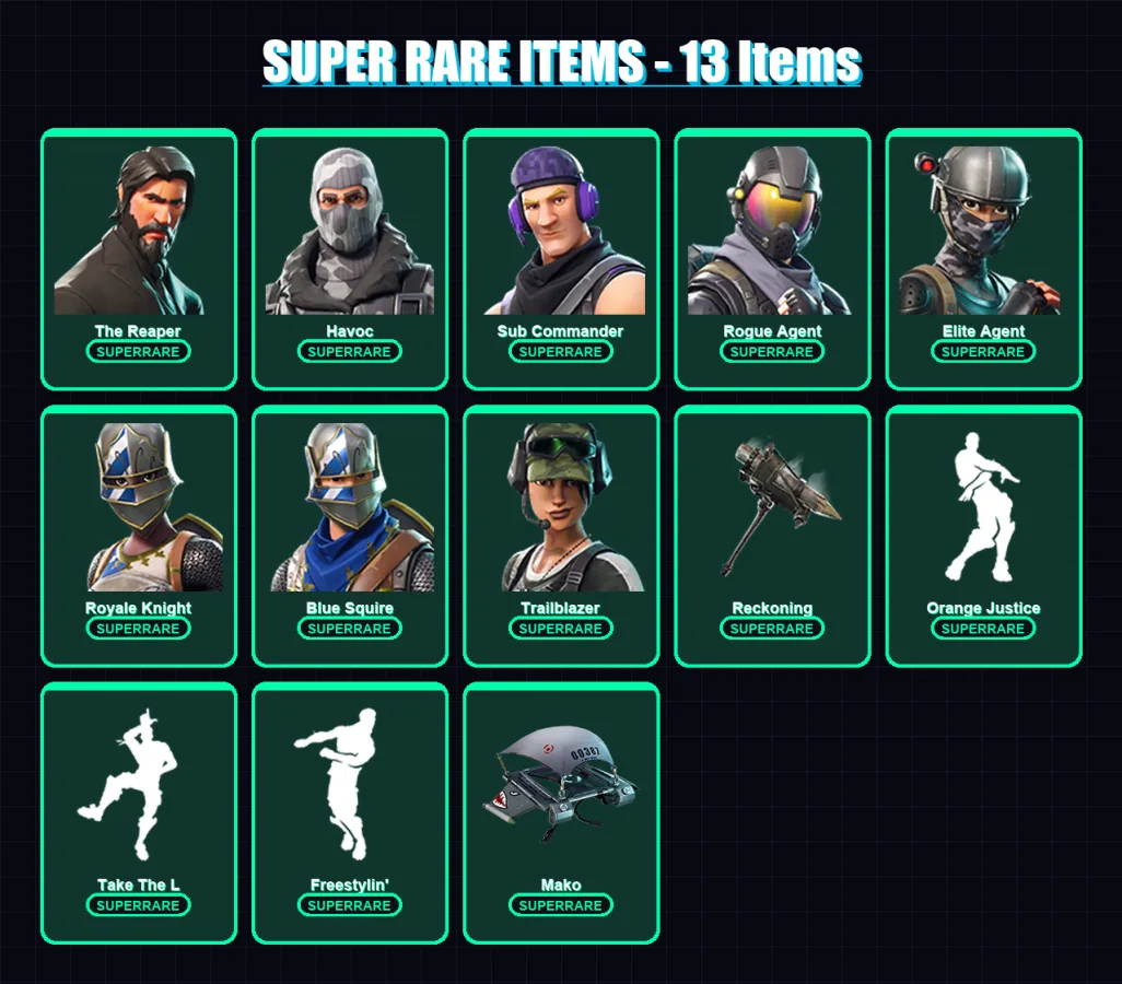[PS4/PS5/XBOX/PC] | The Reaper | Havoc | Sub Commander | Rogue Agent | Elite Agent | 38 skin | 26 pickaxe | 34 emote | 29 glider | Lv428
