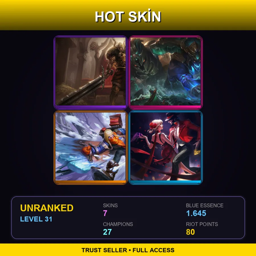 EUNE | Viking Tryndamere | Worldbreaker Trundle | Snow Day Singed | Tango Twisted Fate | 7 Skin | 27 Champ | Lv31