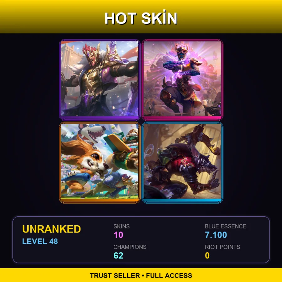 LAS | Lv48 | Unranked | 10 Skin | 62 Champ — Three Honors Akshan