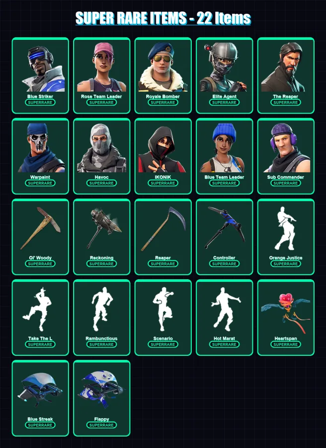 [PC/XBOX/PSN] | Blue Striker | Rose Team Leader | Royale Bomber | Elite Agent | The Reaper | 86 skin | 50 pickaxe | 75 emote | 57 glider | Lv771 — Fortnite account
