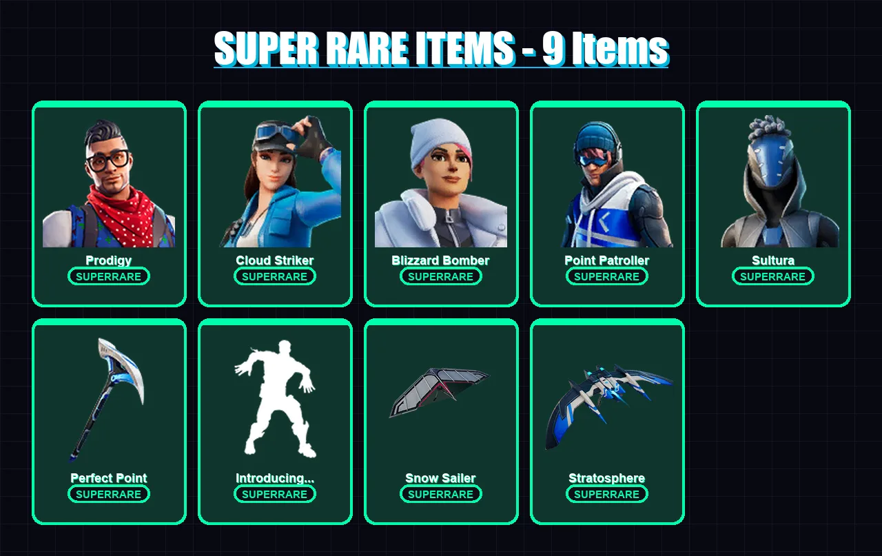 [PS4/PS5/XBOX/PC] | Prodigy | Cloud Striker | Blizzard Bomber | Point Patroller | Sultura | 57 skin | 69 pickaxe | 41 emote | 74 glider | Lv1340