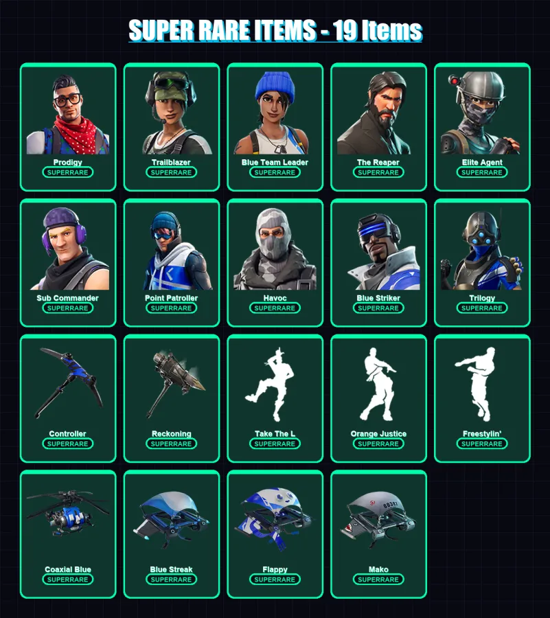 [PS4/PS5/XBOX/PC] | Prodigy | Trailblazer | Blue Team Leader | The Reaper | Elite Agent | 45 skin | 32 pickaxe | 39 emote | 42 glider | Lv644