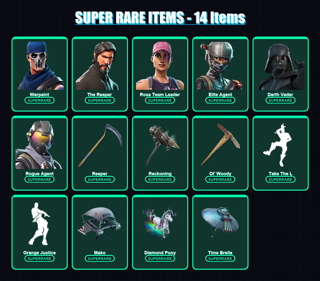 [PC/PSN] | Warpaint | The Reaper | Rose Team Leader | Elite Agent | Darth Vader | 130 skin | 150 pickaxe | 147 emote | 146 glider | Lv2167