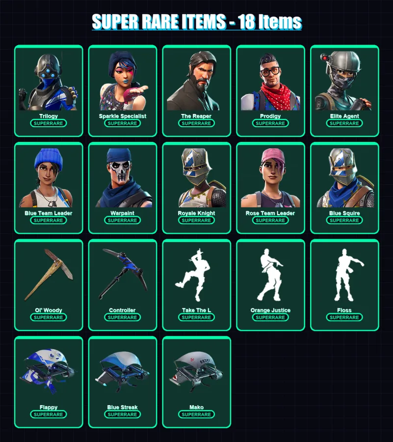 [PS4/PS5/XBOX/PC] | Trilogy | Sparkle Specialist | The Reaper | Prodigy | Elite Agent | 52 skin | 43 pickaxe | 62 emote | 58 glider | Lv860