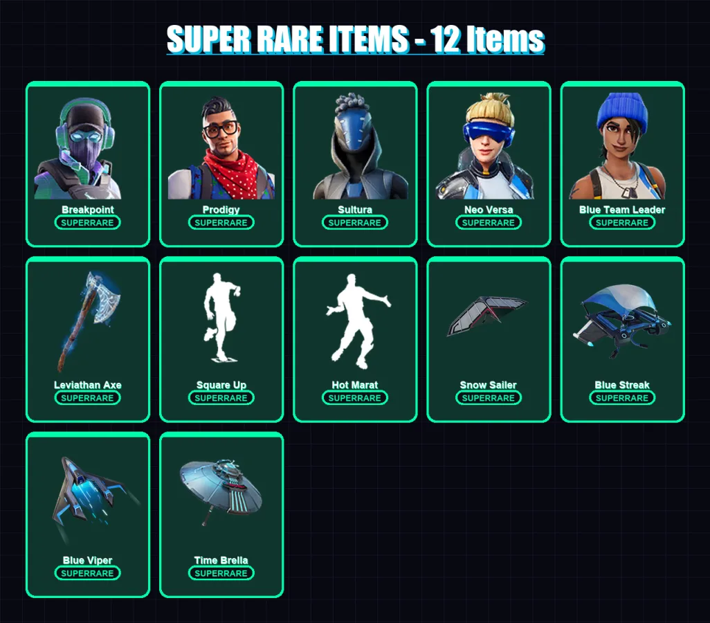 [PS4/PS5/XBOX/PC] | Breakpoint | Prodigy | Sultura | Neo Versa | Blue Team Leader | 122 skin | 178 pickaxe | 156 emote | 156 glider | Lv3135