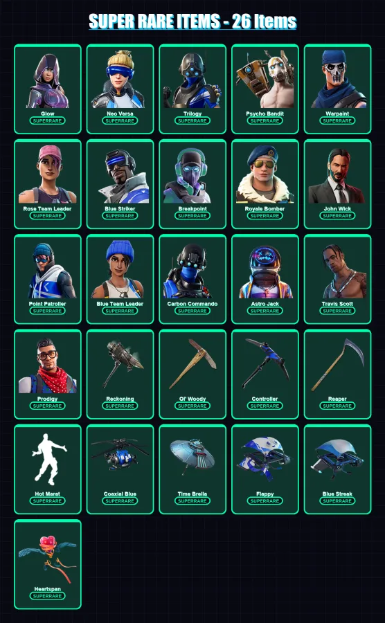 [PC] | Glow | Neo Versa | Trilogy | Psycho Bandit | Warpaint | 357 skin | 353 pickaxe | 299 emote | 244 glider | Lv2802