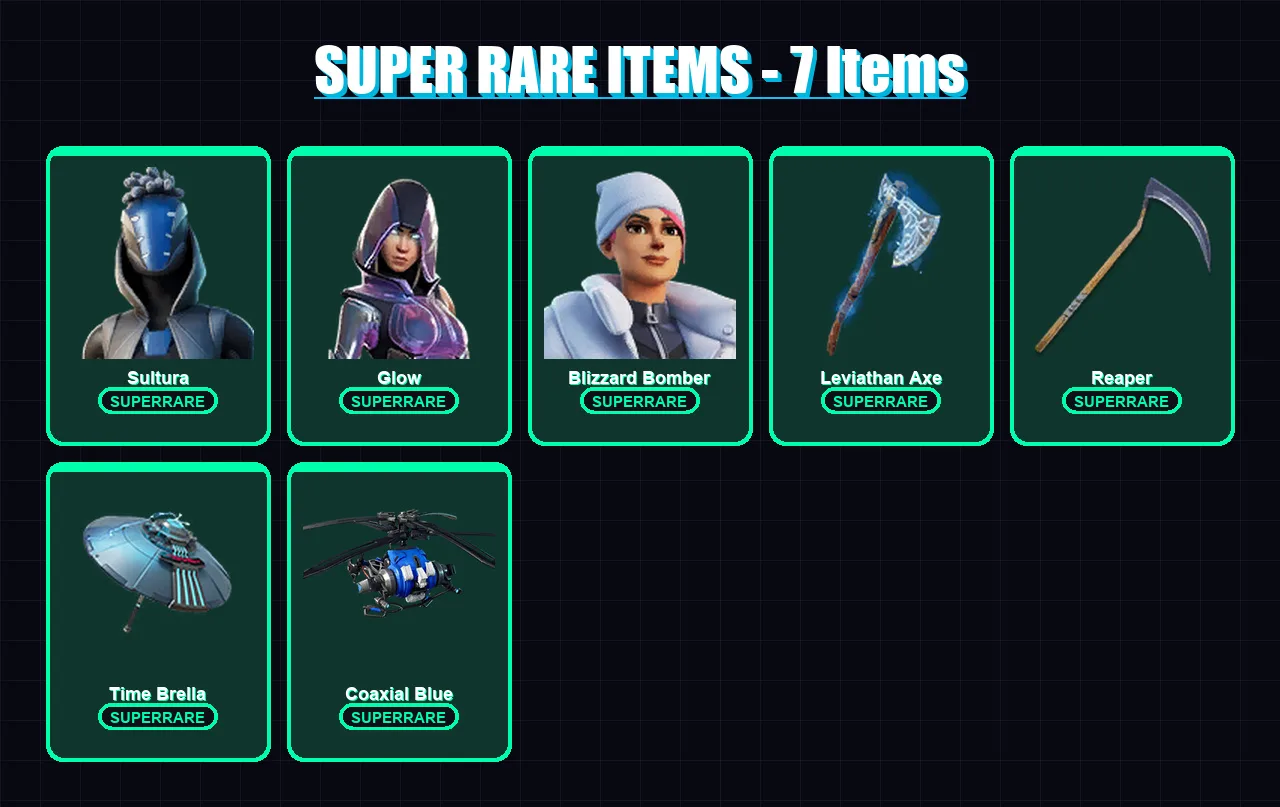 [PC] | Sultura | Glow | Blizzard Bomber | Menace | Fade | 190 skin | 267 pickaxe | 161 emote | 186 glider | Lv2884
