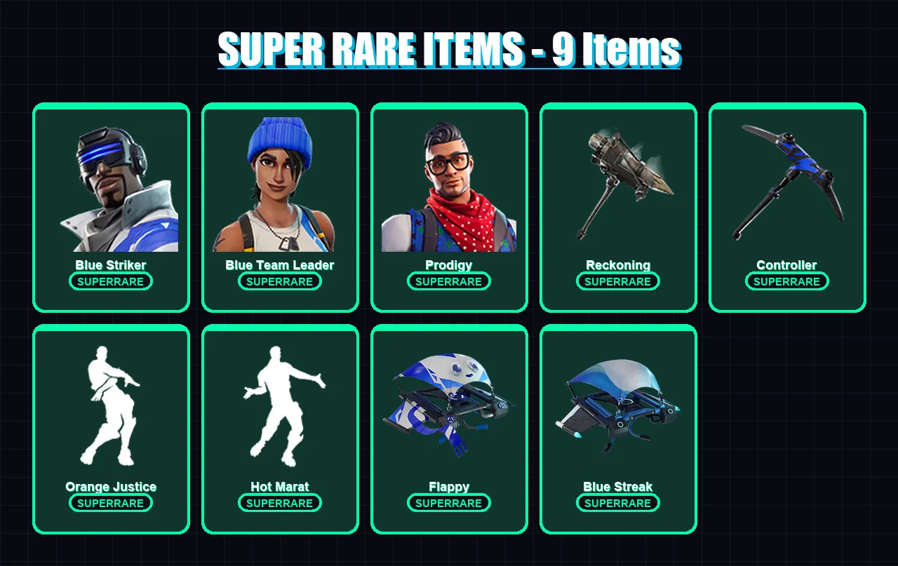 [PC/XBOX] | Blue Striker | Blue Team Leader | Prodigy | Zenith | The Prisoner | 42 skin | 77 pickaxe | 70 emote | 72 glider | Lv1041