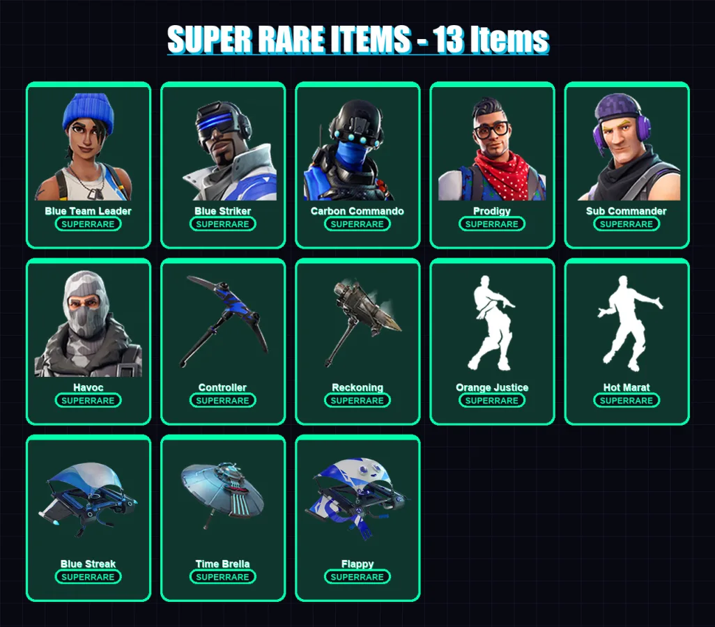 [PS4/PS5/XBOX/PC] | Blue Team Leader | Blue Striker | Carbon Commando | Prodigy | Sub Commander | 40 skin | 31 pickaxe | 36 emote | 39 glider | Lv54