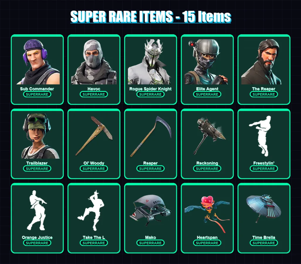[PC/PSN] | Sub Commander | Havoc | Rogue Spider Knight | Elite Agent | The Reaper | 117 skin | 100 pickaxe | 116 emote | 113 glider | Lv1589