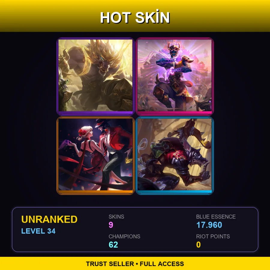 EUW | Lv34 | Unranked | 9 Skin | 62 Champ