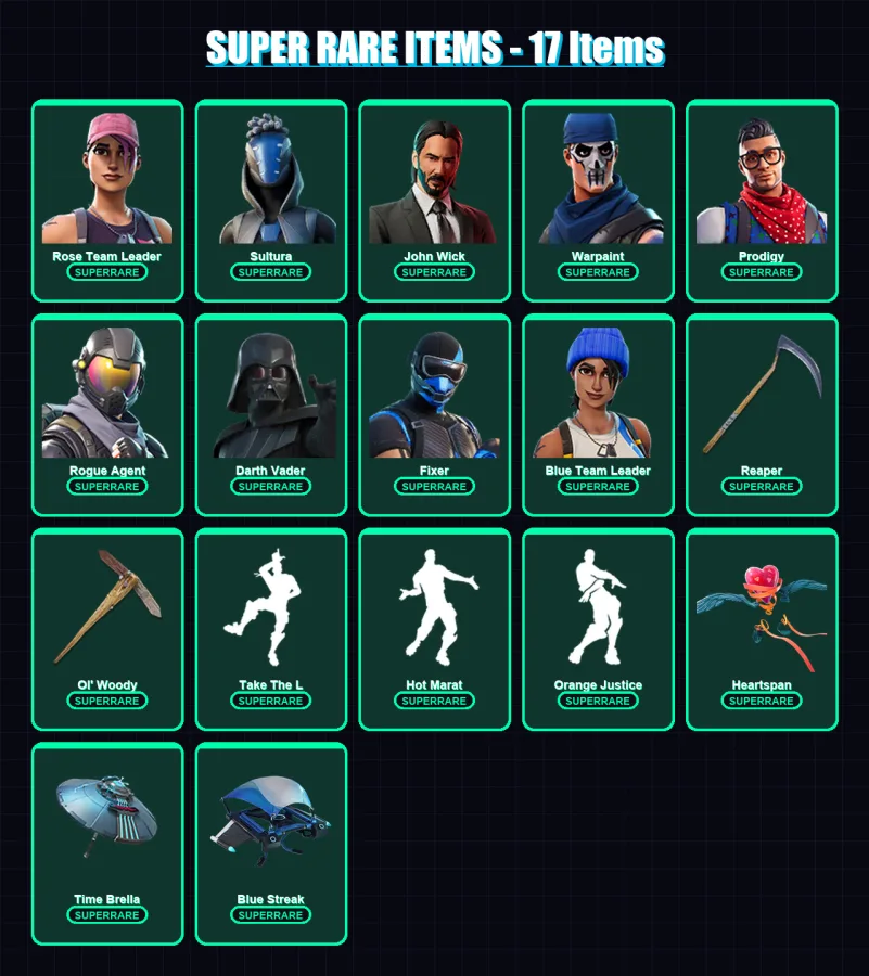 [PS4/PS5/XBOX/PC] | Rose Team Leader | Sultura | John Wick | Warpaint | Prodigy | 313 skin | 295 pickaxe | 269 emote | 165 glider | Lv1931