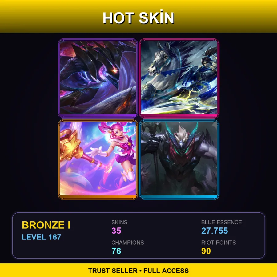 BR | Dark Star Kha'Zix | Warring Kingdoms Xin Zhao | Star Guardian Lux | Dragon Knight Mordekaiser | 35 Skin | 76 Champ | Bronze I | Lv167