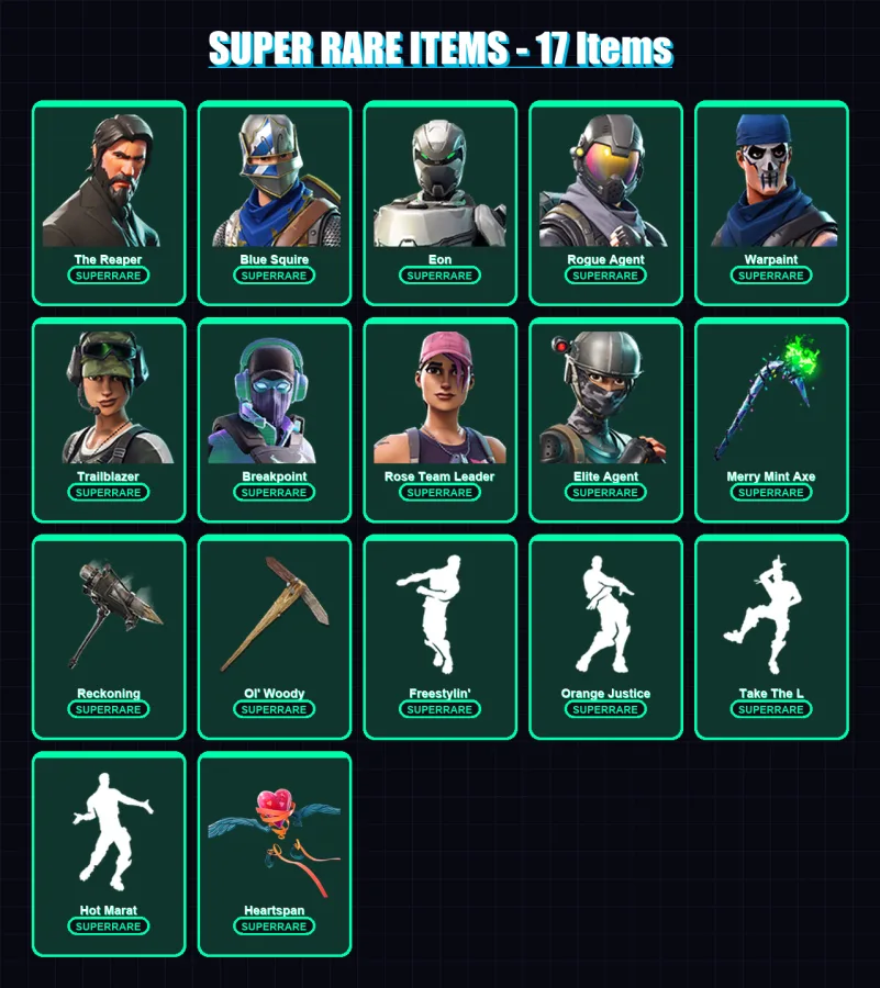 [PC/XBOX/PSN] | The Reaper | Blue Squire | Eon | Rogue Agent | Warpaint | 132 skin | 83 pickaxe | 132 emote | 89 glider | Lv984