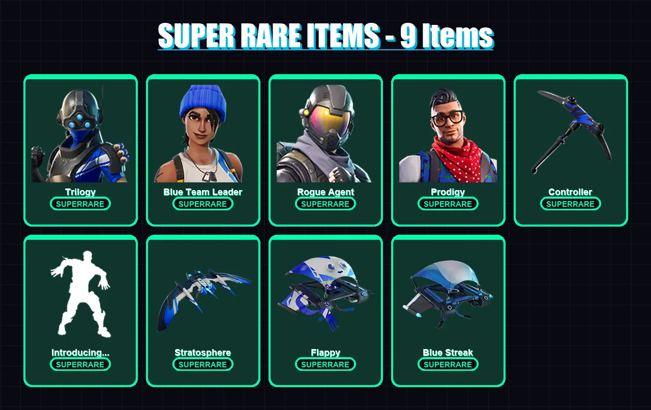 [PC/XBOX] | Trilogy | Blue Team Leader | Rogue Agent | Prodigy | Carbide | 9 skin | 18 pickaxe | 20 emote | 20 glider | Lv378