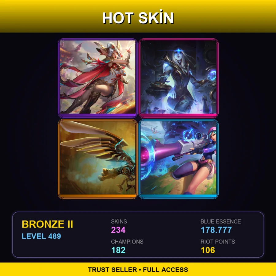 TR | Prestige Brave Phoenix Xayah | Cosmic Queen Ashe | Hextech Anivia | Arcade Caitlyn | 234 Skin | 182 Champ | Bronze II | Lv489