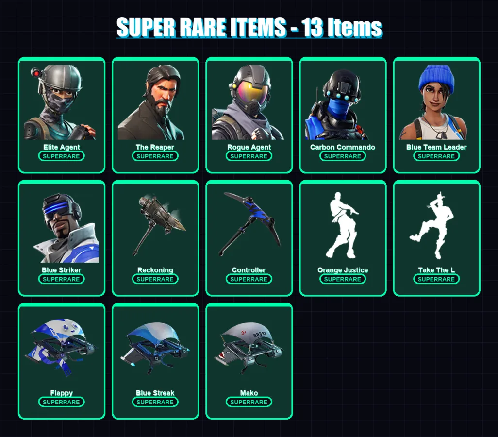 [PS4/PS5/XBOX/PC] | Elite Agent | The Reaper | Rogue Agent | Carbon Commando | Blue Team Leader | 24 skin | 16 pickaxe | 22 emote | 23 glider | Lv32 — Fortnite account