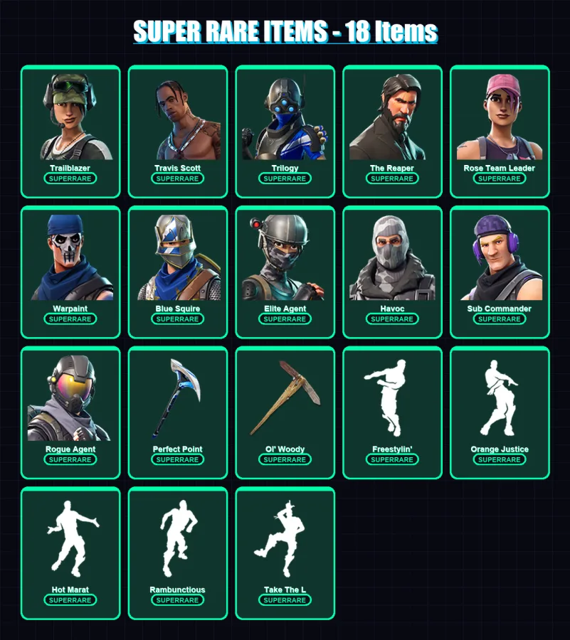 [PC] | Trailblazer | Travis Scott | Trilogy | The Reaper | Rose Team Leader | 78 skin | 64 pickaxe | 65 emote | 68 glider | Lv877 — Fortnite account