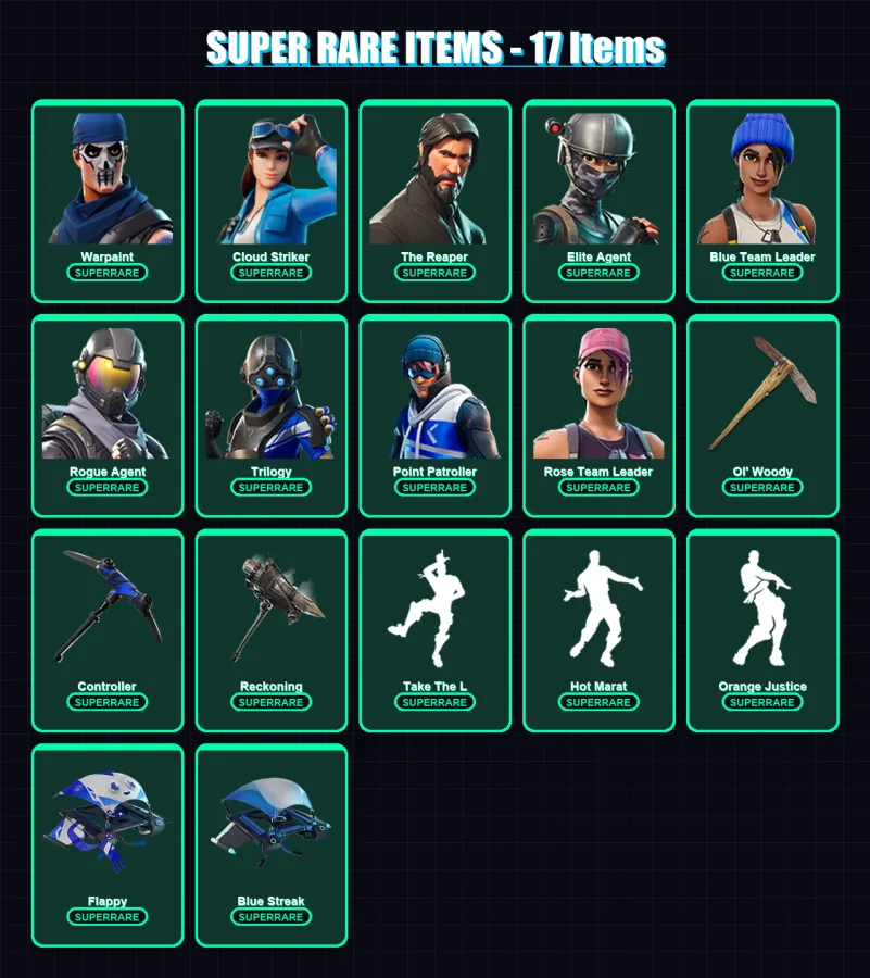 [PC/XBOX/PSN] | Warpaint | Cloud Striker | The Reaper | Elite Agent | Blue Team Leader | 65 skin | 77 pickaxe | 82 emote | 69 glider | Lv1165