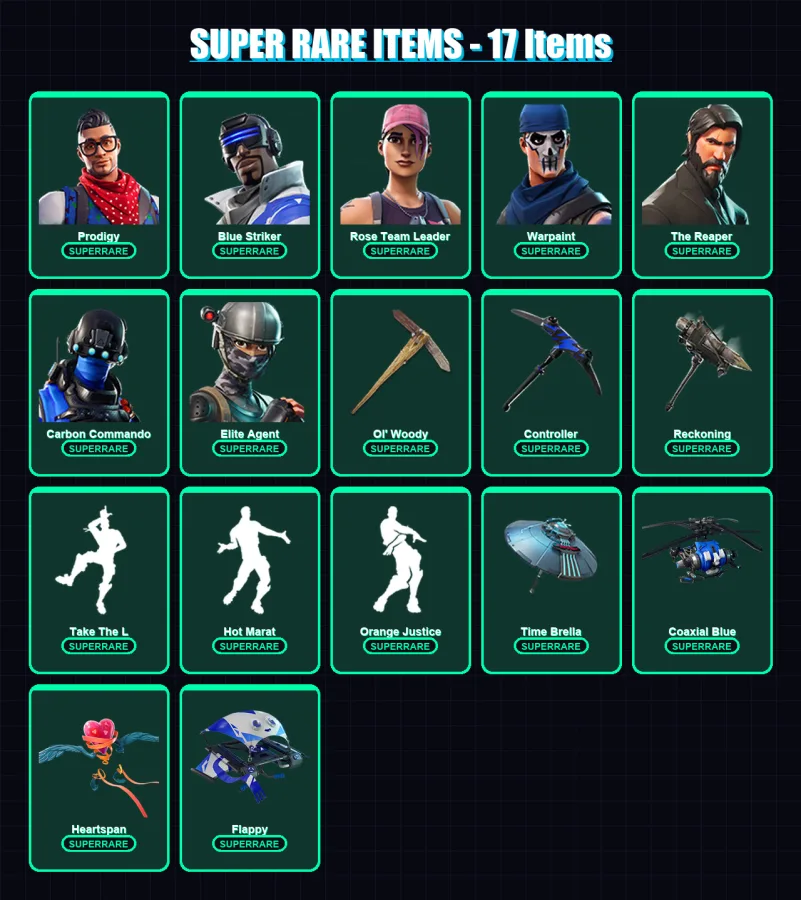 [PC/XBOX] | Prodigy | Blue Striker | Rose Team Leader | Warpaint | The Reaper | 78 skin | 69 pickaxe | 88 emote | 81 glider | Lv1060