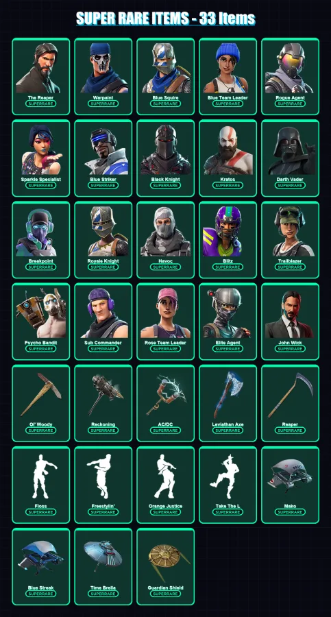 [PC/XBOX/PSN] | The Reaper | Warpaint | Blue Squire | Blue Team Leader | Rogue Agent | 498 skin | 392 pickaxe | 409 emote | 268 glider | Lv4871
