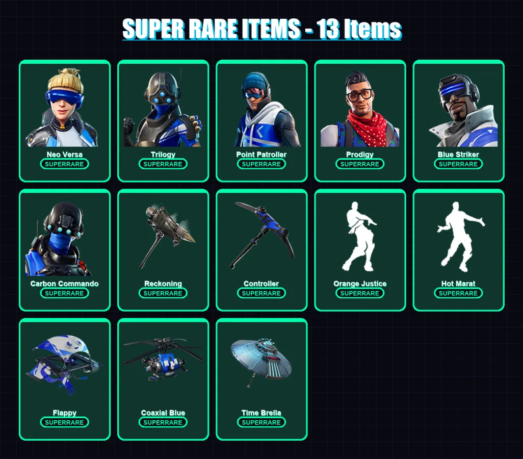 [PC/XBOX] | Neo Versa | Trilogy | Point Patroller | Prodigy | Blue Striker | 55 skin | 74 pickaxe | 82 emote | 75 glider | Lv1241