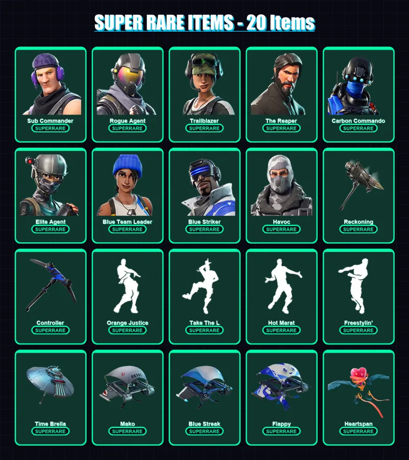[PC/PSN] | Sub Commander | Rogue Agent | Trailblazer | The Reaper | Carbon Commando | 107 skin | 123 pickaxe | 104 emote | 122 glider | Lv1957
