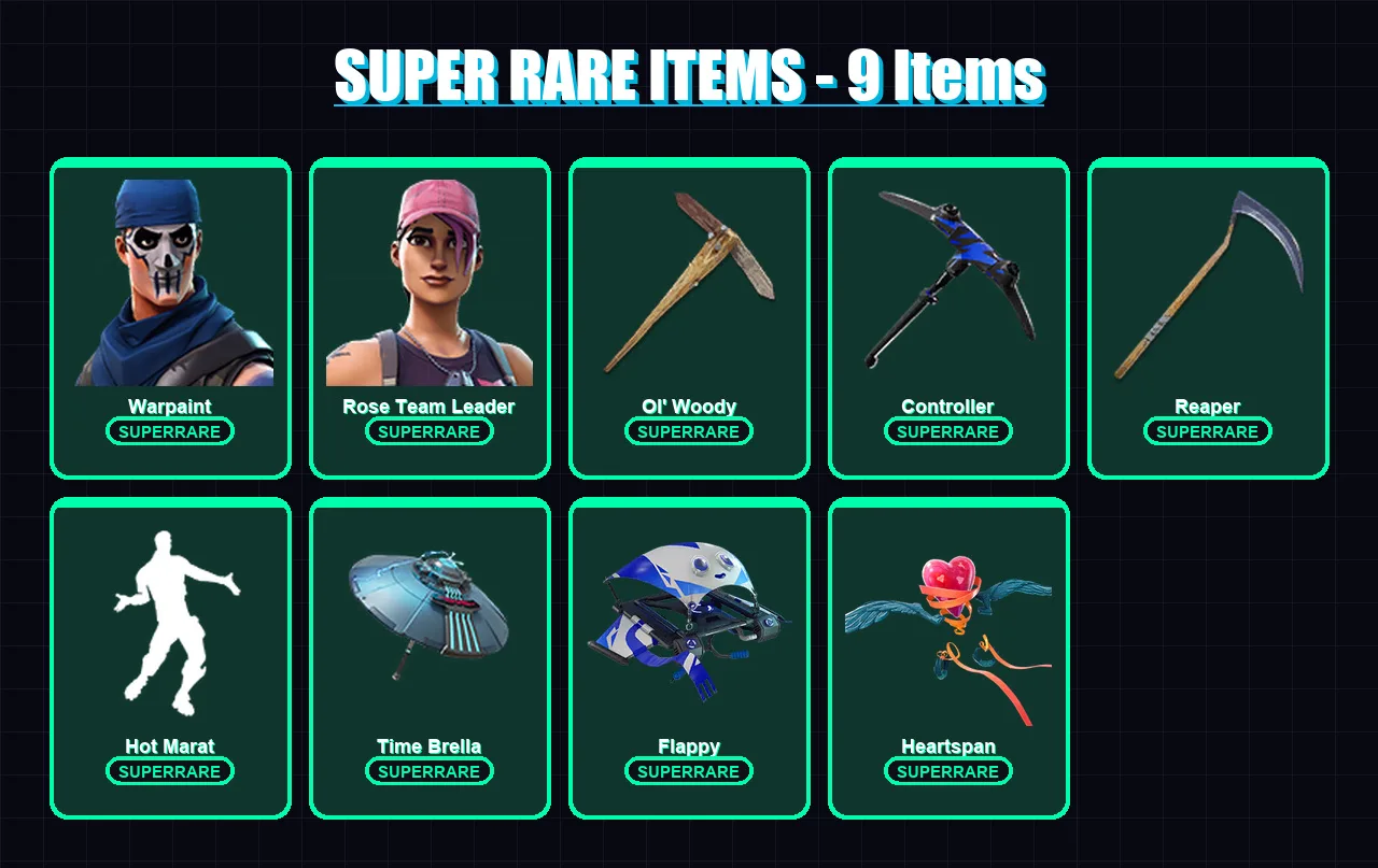 [PC] | Warpaint | Rose Team Leader | Gear Specialist Maya | The Prisoner | Catalyst | 82 skin | 84 pickaxe | 96 emote | 83 glider | Lv1059