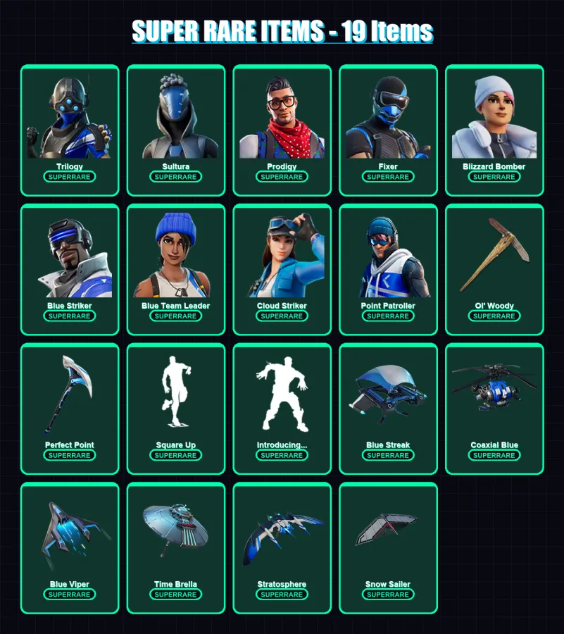 [PS4/PS5/XBOX/PC] | Trilogy | Sultura | Prodigy | Fixer | Blizzard Bomber | 118 skin | 146 pickaxe | 104 emote | 122 glider | Lv1755