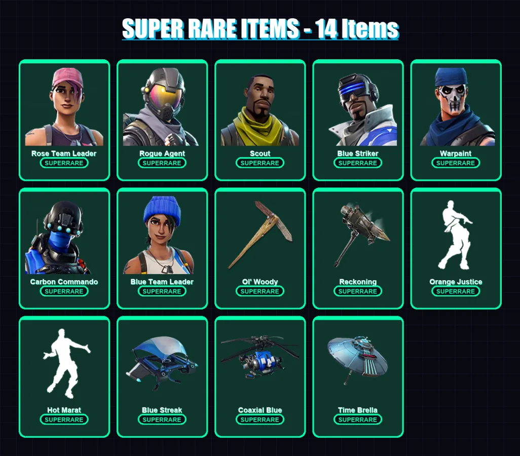 [PS4/PS5/PC] | Rose Team Leader | Rogue Agent | Scout | Blue Striker | Warpaint | 118 skin | 138 pickaxe | 131 emote | 140 glider | Lv2302 — Fortnite account