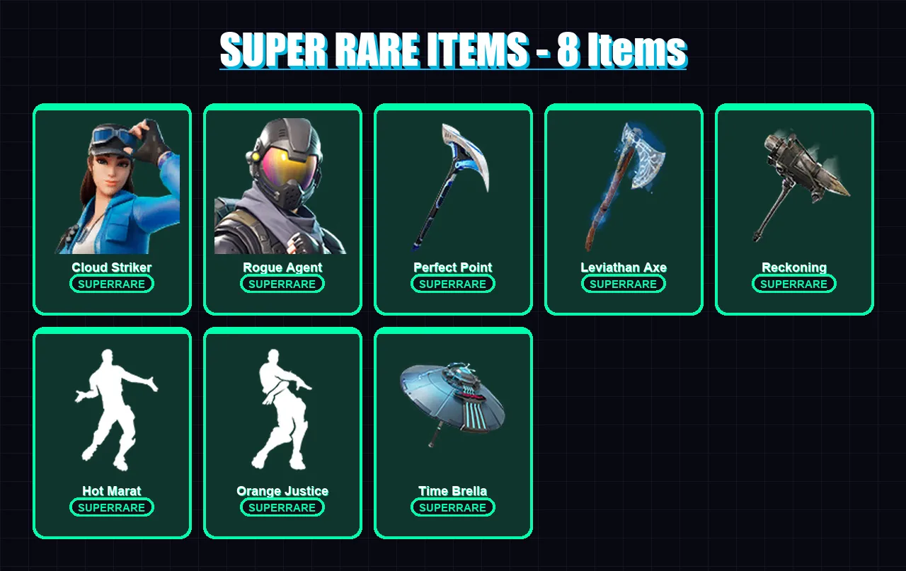 [PC] | Cloud Striker | Rogue Agent | Eternal Knight | Zenith | Kado Thorne | 200 skin | 216 pickaxe | 156 emote | 184 glider | Lv3644 — Fortnite account