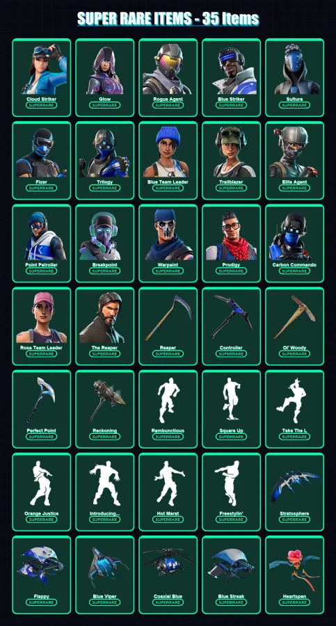 [PS4/PS5/XBOX/PC] | Cloud Striker | Glow | Rogue Agent | Blue Striker | Sultura | 138 skin | 130 pickaxe | 186 emote | 117 glider | Lv1708