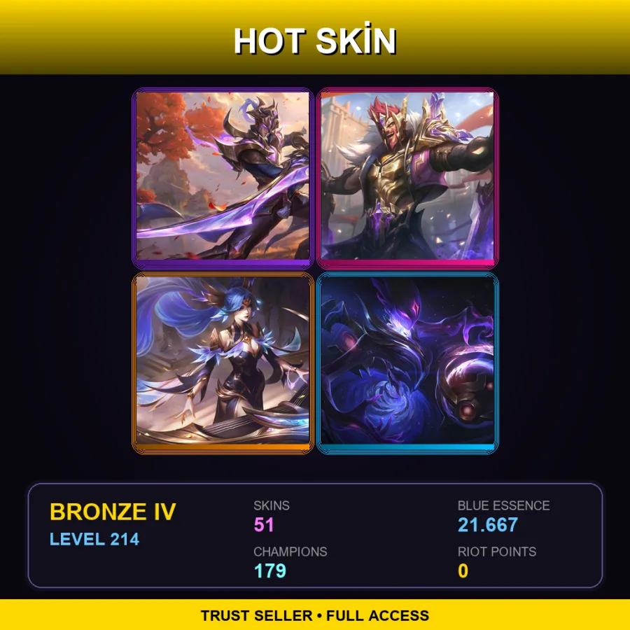 LAS | Victorious Master Yi | Victorious Draven | Victorious Sona | Dark Star Orianna | 51 Skin | 179 Champ | Bronze IV | Lv214