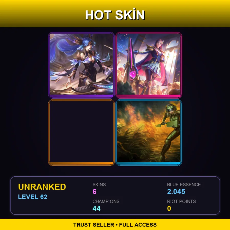 LAS | Lv62 | Unranked | 6 Skin | 44 Champ — LoL account