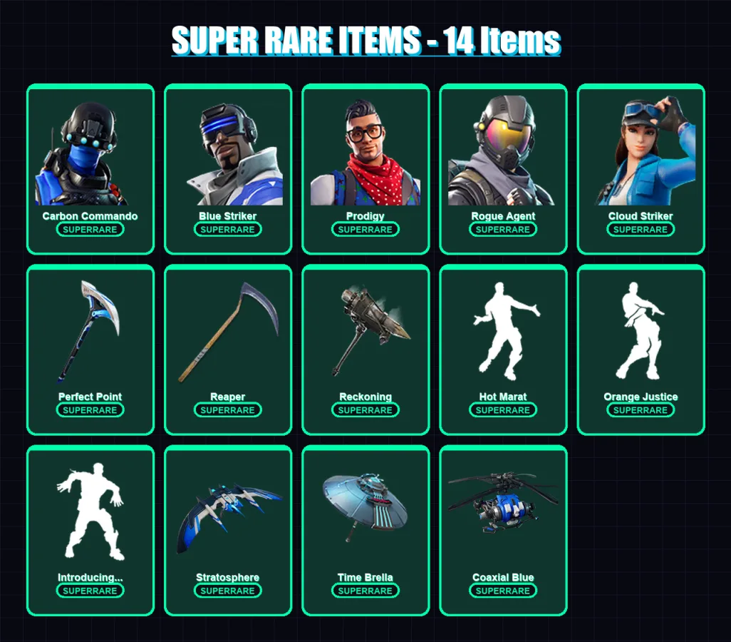 [PS4/PS5/XBOX/PC] | Carbon Commando | Blue Striker | Prodigy | Rogue Agent | Cloud Striker | 128 skin | 121 pickaxe | 112 emote | 117 glider | Lv167