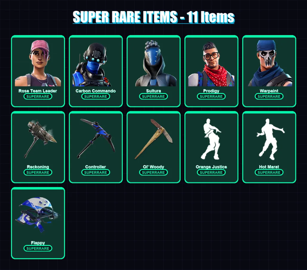 [PS4/PS5/XBOX/PC] | Rose Team Leader | Carbon Commando | Sultura | Prodigy | Warpaint | 67 skin | 87 pickaxe | 100 emote | 81 glider | Lv1026